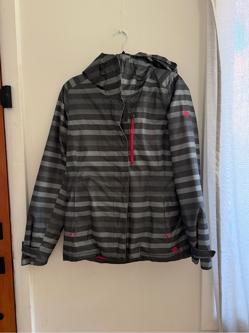 Mountain Hardware Striped Gray Women’s Waterproof Jacket with Pink Accents